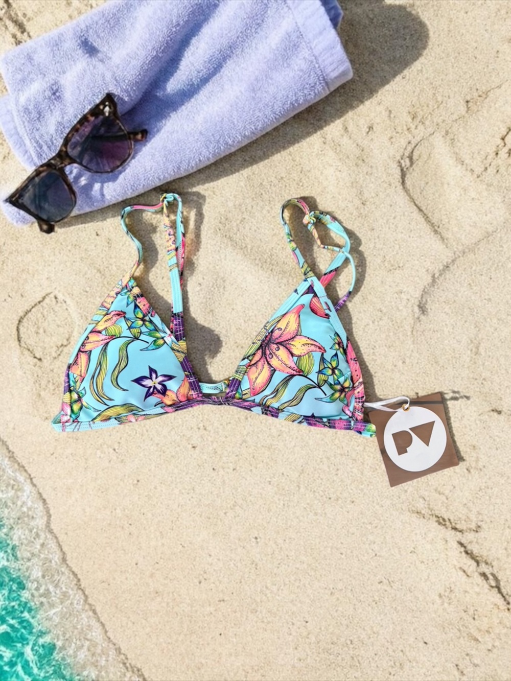 NWT Tropical Floral Triangle Bikini Top Blue Multi Tie String sz small